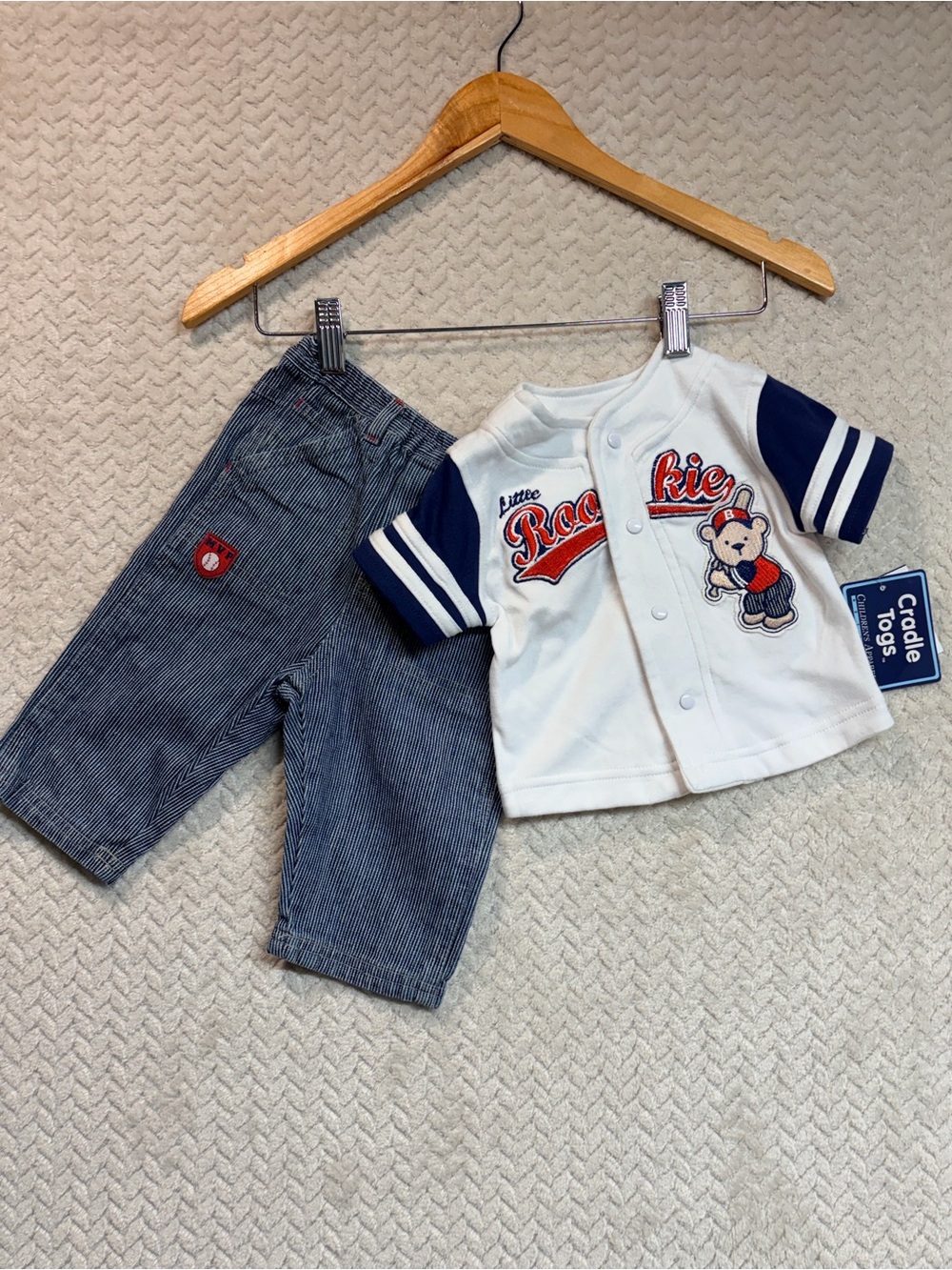 Vtg Cradle Togs Baseball Pants Shirt Set 3-6M Hickory Stripe Kidcore